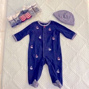 Little Me Footie/ 3 months/ excellent condition/ Navy, Red, and White.